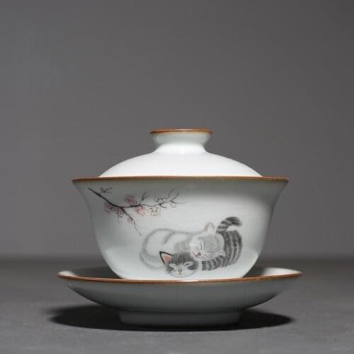 Ru Kiln Cute Cat Travel Teapot Ceramic Cover Bowl Tea Tureen Teacup Hand Grasp Gaiwan Tea Bowl Tes Set Tea Cup Drinkware Home
