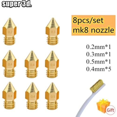 8pcs 3D Printer Nozzles MK8 Extruder Nozzle for 1.75/3.00mm MK8 CR-10 Ender 3 A8 artillery 3D Printer parts+nozzle brush