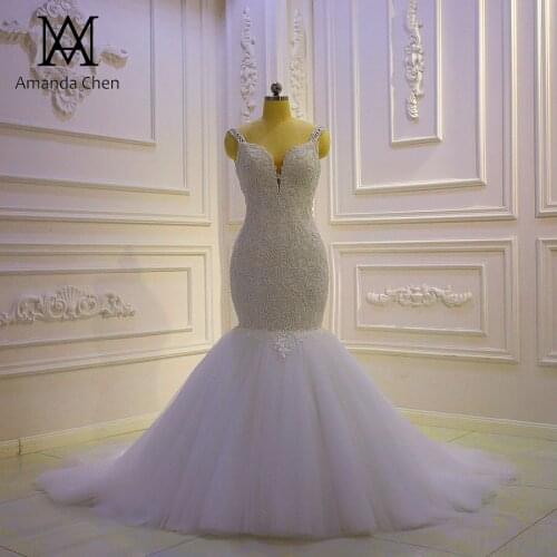 Spaghetti Straps Lace Appliqued Mermaid See Through Back Wedding Dress