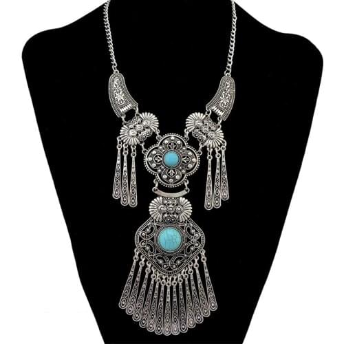 Vintage Women Jewelry Accessories Hyperbole Green&Red Colors Artificial Stone Pendant Alloy Tassel Neccklace for Party Holiday