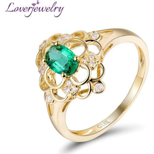 Flower Shape Diamond Jewelry Natural Emerald Ring 14K Yellow Gold Good Gem for Women Party