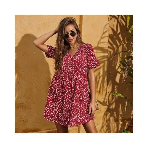 Summer Women V-Neck Single Breasted Dress Elegant Floral Pieces Small Fresh Loose Fashion Short Sleeve Pocket Womens Mini Dress