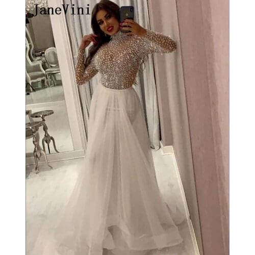 JaneVini Luxury Beading Long Sleeve Evening Dress High Neck Saudi Arabia 2020 Sexy See Through White Tulle A Line Formal Dresses