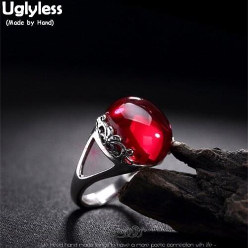 Uglyless Real 925 Sterling Silver Natural Nobel Red Corundum Women Rings Vintage Handmade Engraved Floral Ring Carnelian Bijoux