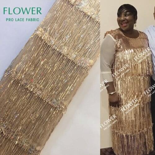 Gold Color Sequined Tassel Guipure Mesh Lace Fabric New Fabshion French Embroidery Sequins Wedding Dress Voile Tulle Mateiral