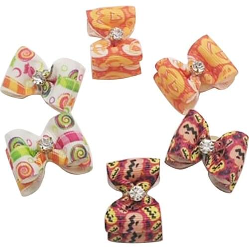 10 Pcs Pet Halloween Hair Accessories Candy / Pumpkin Printed Bow Headdress with Rubber Band