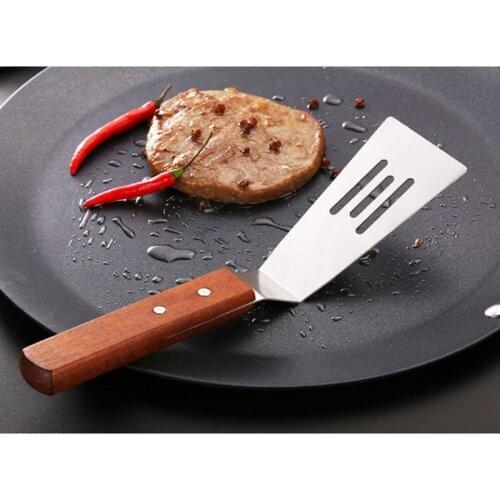 2pcs/set Stainless Steel Leaky Steak Fried Shovel Spatula Pizza Cutter Spade with Wooden Handle Baking Tool