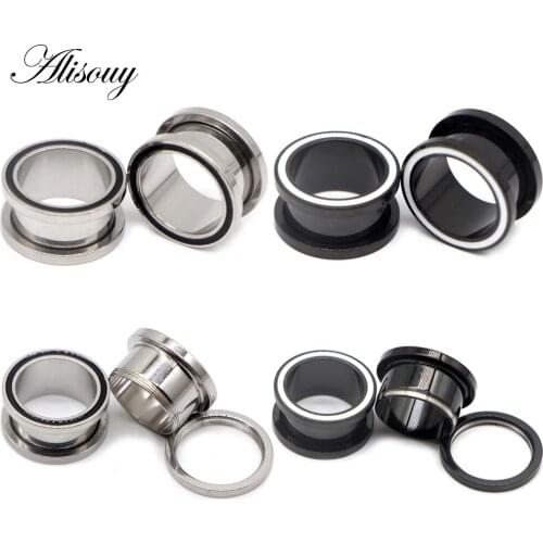 Alisouy 2pcs Simple Ear Plugs Tunnels Stainless Steel Black White Line Screw Extender Stretcher Fashion Piercing Body Jewelry