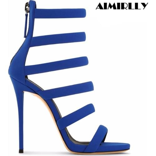 Summer Women Open Toe High Heels Sandals Blue Strappy Back Zipper Cover Heels Ladies Party Dress Shoes Casual Aimirlly