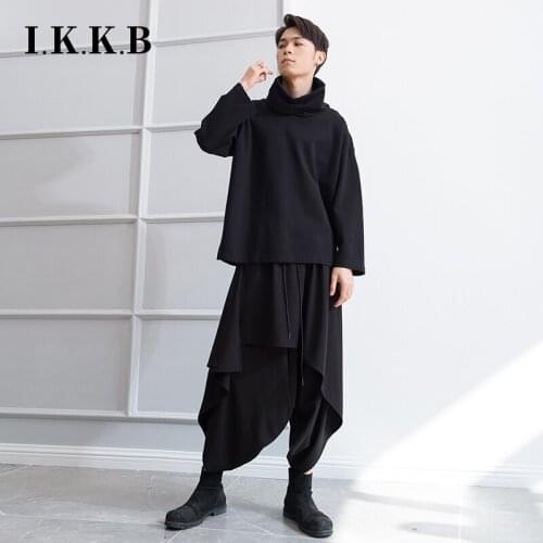 Spring and autumn new mens casual pants hairdresser skirt pants dark black personality irregular tide male Harem pants nine poi