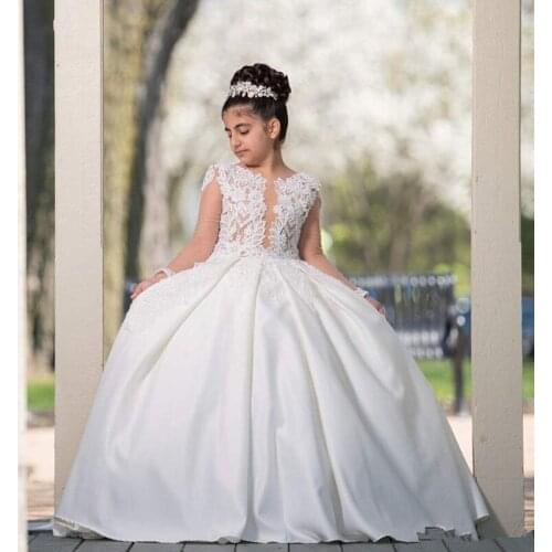 Flower Girl Dresses for Weddings Lace Applique Sheer Long Sleeves Ball Gown Puffy Backless Girls Birthday Dress