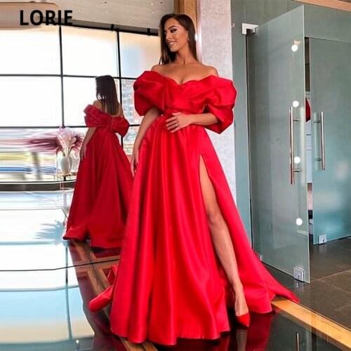 Verngo Gorgeous Long Satin Evening Dress Red For Bride With Sleeves Off the Shoulder 2021 Party Sexy Prom Gowns With Side Slit