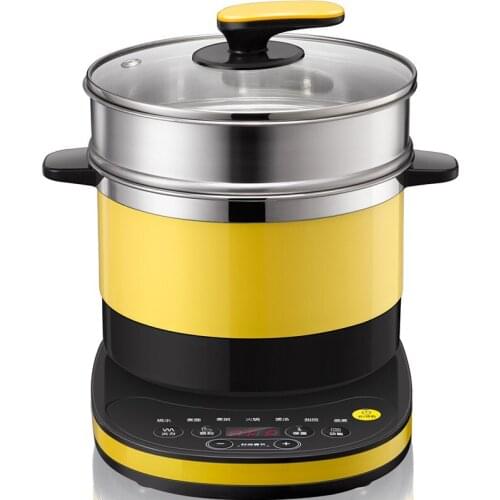 Yellow and Black Color Household Dorm room Electric Skillet with Steam Basket Stainless Steel Mini Electric Cooking Pot