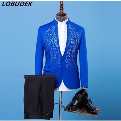Male slim Suits Adult Costumes Blue Bright Crystals Blazers Trousers suit singer Chorus Wedding stage outfit Host Master costume