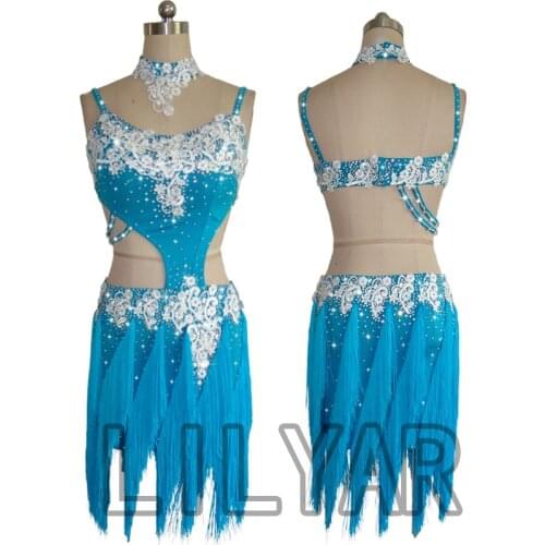 New Latin dance skirt competition skirt performance Skirt Adult custom white embroidery flash Diamond Blue tassel dance skirt