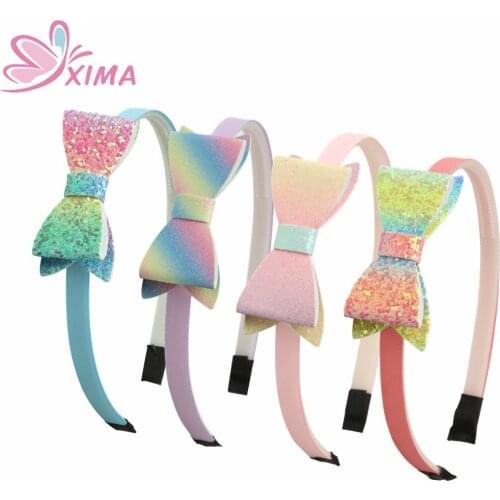 XIMA 1Piece 3inch Gradient Color Bow Hairband Shiny Rainbow Bows Girls Plastic Headbands for Party Hair Accessories