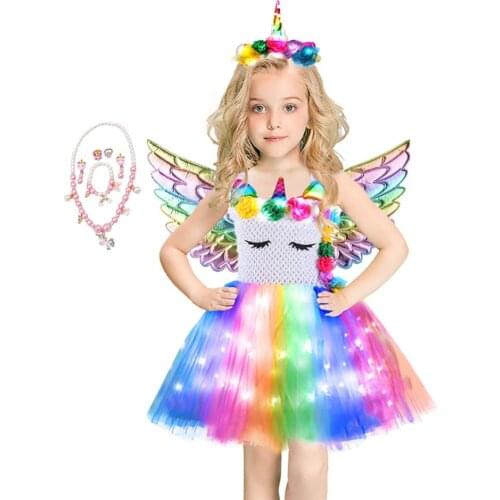 Girls Christmas Unicorn Glow Dress With Hairband Kids Birthday Party Rainbow Mesh Flower Tutu Dresses Princess Cosplay Costumes