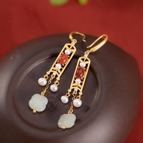 S925 Sterling Silver Gold Plated Natural Hetian Jade Clover Southern Red Agate Temperament Lady Long Eardrop Earrings