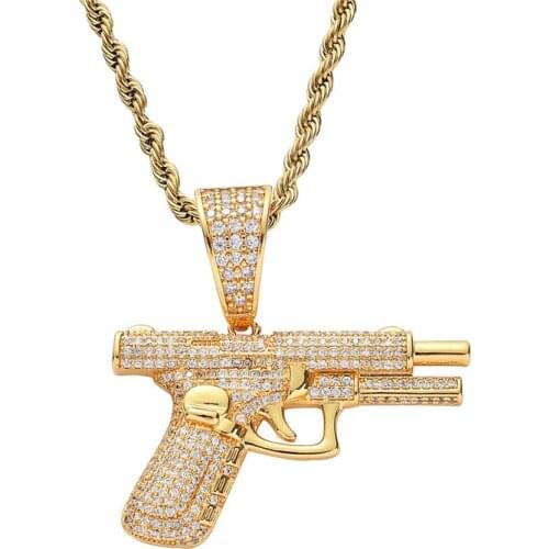 Hip Hop Pistol Gun Pendants & Necklaces Iced Out Full CZ Zircon Glock Pistol Rapper Jewelry For Men Women Gift
