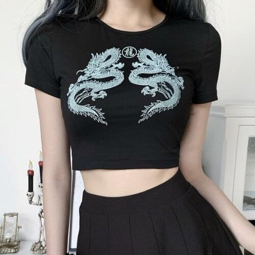 Women Vintage Gothic Dragon Print Navel T-shirt Summer Short Sleeve O Neck Slim Cropped Tops Elegant Harajuku Tight T Shirts