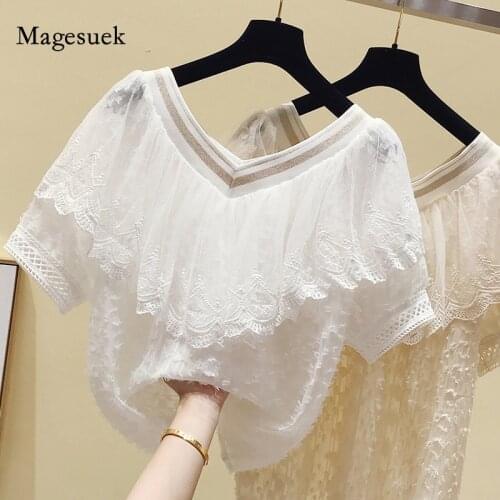 Summer Lace Chiffon Blouse Women Short Sleeve Ruffles Stitching White Shirt Tops Korean Chic V-neck Solid Woman Blouses 13497