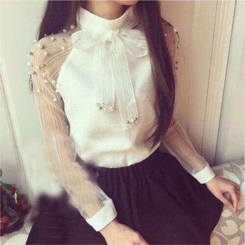 Blouses New Summer Elegant Organza Bow Of Pearl White Blouse Women Casual Chiffon Shirt Long Sleeve Womens Tops
