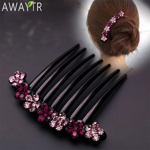 AWAYTR Crystal Hair Combs Clip Women Flower Hairpins Ladies Headdress Female Hairclips Hair Fork Headwear Hair Accessories