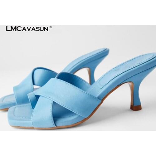 LMCAVASUN Womens Slippers 2020 Summer New High heel Ladys Slider Sandals Outside Leather thoung women Slider sandals Summer