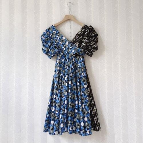 2021 Summer 100% Cotton Dress Women Fashion Design Puff Sleeve Plaid Color matching Printed V-Neck Elegant Ladies Party Dresses