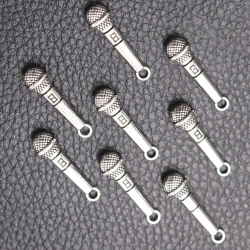 15pcs Silver Plated Microphone Charm Retro Earrings Necklace Pendant DIY Metal Jewelry Making Music Lovers Gifts 24*7mm A2241