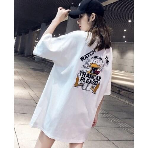 2021 Large Version Loose T-shirt Womens Short Sleeve Solid Color Net Red And White European Station Medium V019