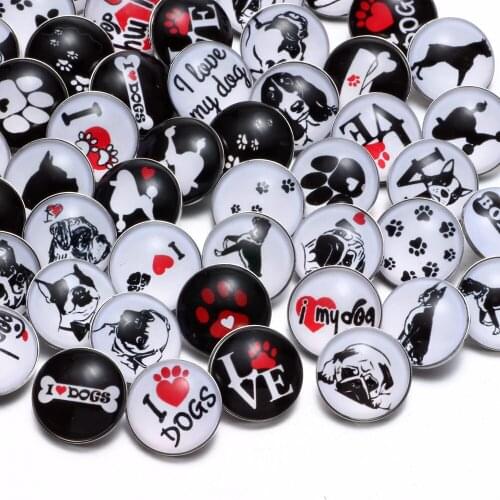 50pcs/Lot Mixed I Love Dog Pattern Glass Charms 18mm Snap Button Jewelry For 18mm Snaps Bracelet Snap Jewelry KZHM044