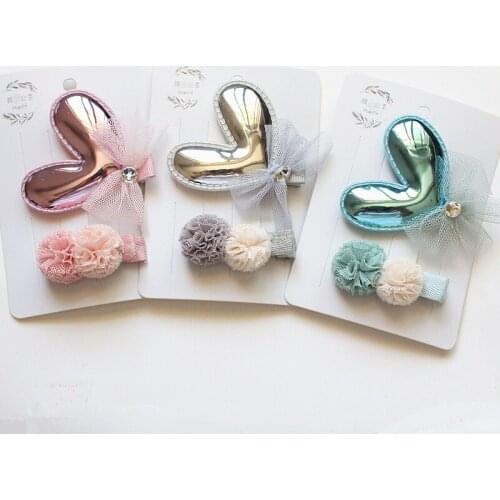 8sets/lot Lovely Hair Shinning Heart Hair Clip Cute Kid Gauze Roll Double Pom Hairpin Hair Clip PU Leather Heart 16pcs for Head