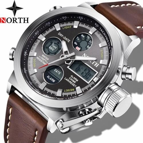 NORTH Mens Sport Digital Watches Waterproof Leather Stopwatch Analog Quartz Watch Men Casual Military Clock Relogio Masculino