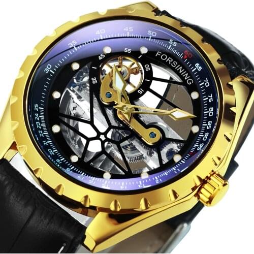Forsining Flying Tourbillon Watches Mens Spider Skeleton Automatic Watch for Men Mechanical Golden Bridge Clock Leather Strap