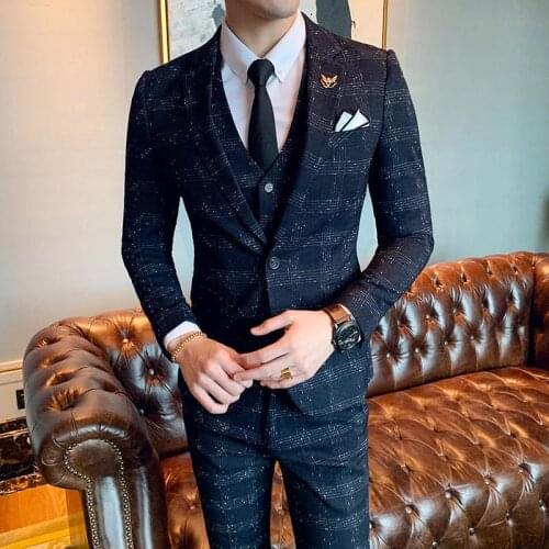 Black mens striped three-piece suit (jacket + pants + vest) navy blue fashion business men Blazer coat pant Waistcoat S-3XL