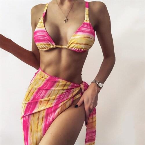 Color Striped Three Piece Bikini Set with Sarong Swimwear Women Swimsuit Push Up Thong Bikinis 2021 Mujer Bathing Suit Beachwear