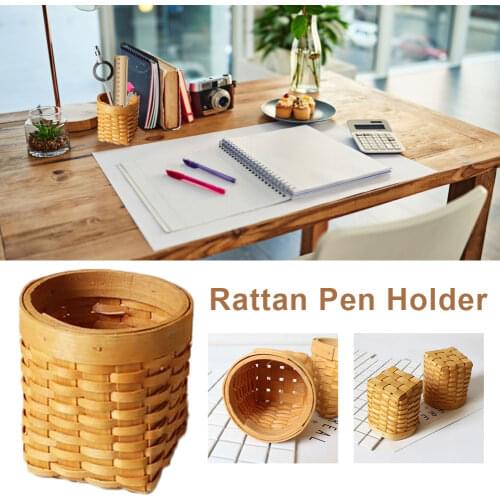 Rattan Pen Holder Hand-Woven Wood Pen Pencil Storage Box Desk Pen Cup Organizer for Small Objects