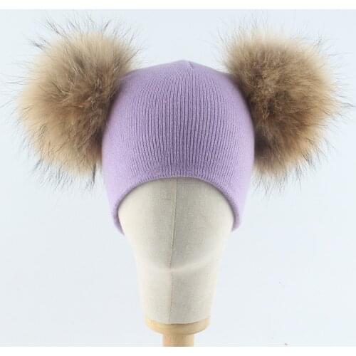 Baby Hat Winter Boy Girl With Double Pompom Knit Beanie Real Raccoon Fur Autumn Warm Skiing Accessory For Kids Toddlers