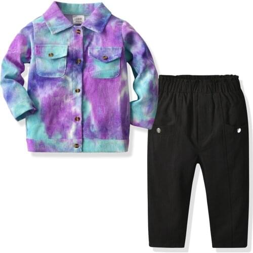 Child Baby Girls Boys Tie Dye Suit, Long Sleeve Lapel Collar Buttoned Shirt with Pockets Elastic Head Long Pants for Autumn 2-7Y