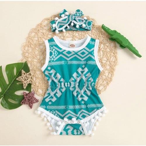 Geometric Printing Tassel Bodysuit Headband Sets Baby Infant Toddler Outfits Summer Newborn Baby Boys Girls Clothing Outfit Set