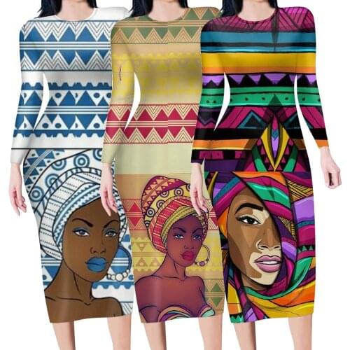 HYCOOL Art Black African Girl Polynesian Print Long Sleeve Dress Womens Summer Sexy O Neck Vestidos Female Plus Size Elegant