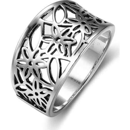 Silver Color Ring Hollow Out Cover Newest Design Thick Band Plus Size For Wedding Engagement Finger Jewelry Flower Pattern