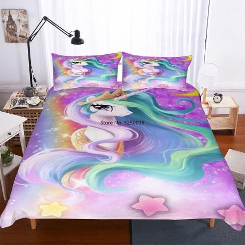 Pretty Unicorn Star Duvet Cover Set with Pillowcase Single Double Bedding Set Girls Skin-friendly Bedspreads Bed Comforter Sets