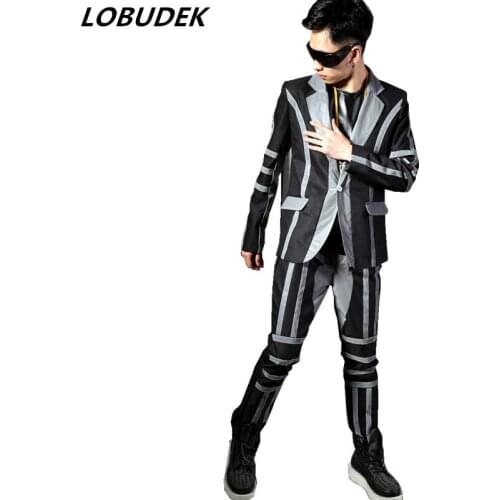Tide Male singer DJ DS Costumes Fluorescent grey reflection of light Blazers Coats Mens suits Bar stage Hip Hop Rock costumes