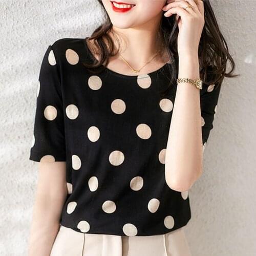 Summer cotton Korean loose polka dot round neck short-sleeved T-shirt black casual ladies silk top women