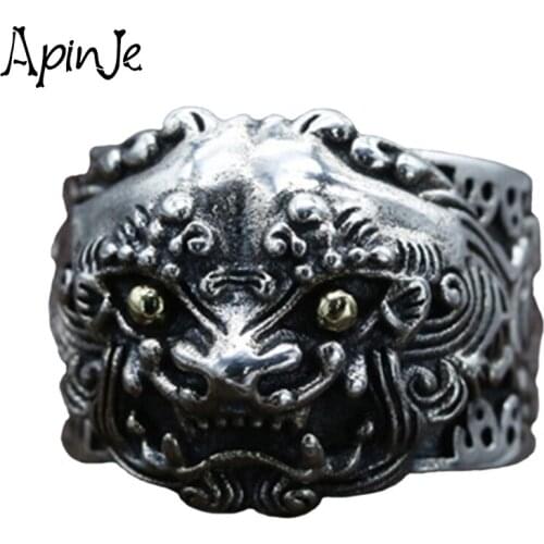 Apinje Thai Silver 925 Sterling Silver Jewelry Width Pixiu Ring Wealth Lucky Adjustable Buddhist Men Gift Open Ring