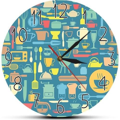 Modern Art Prints Kitchen Wall Clock Kitchen Utensils Inspired Cook Silent Non Ticking Clock Wall Watch Dinning Room Timepieces