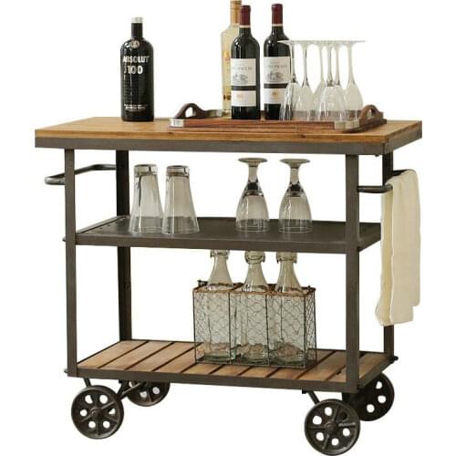 American-Style Storage Rack Solid Wood Sideboard Mobile Retro Iron Art Dining Car Bar Trolley Drinks Trolley Industrial Style