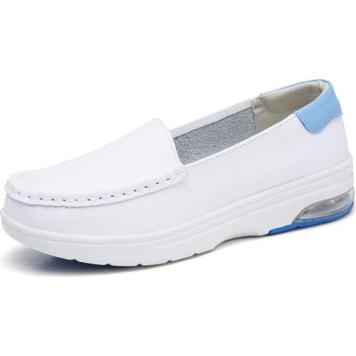 2021 leather air cushion comfortable soft bottom white shoes white slope heel increased leather womens hospital nurse shoes